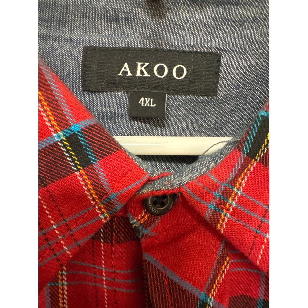 AKOO Men's Red Plaid Button Up Shirt Long Sleeve Grey Wash Side Panels SZ 4XL - Picture 3 of 4